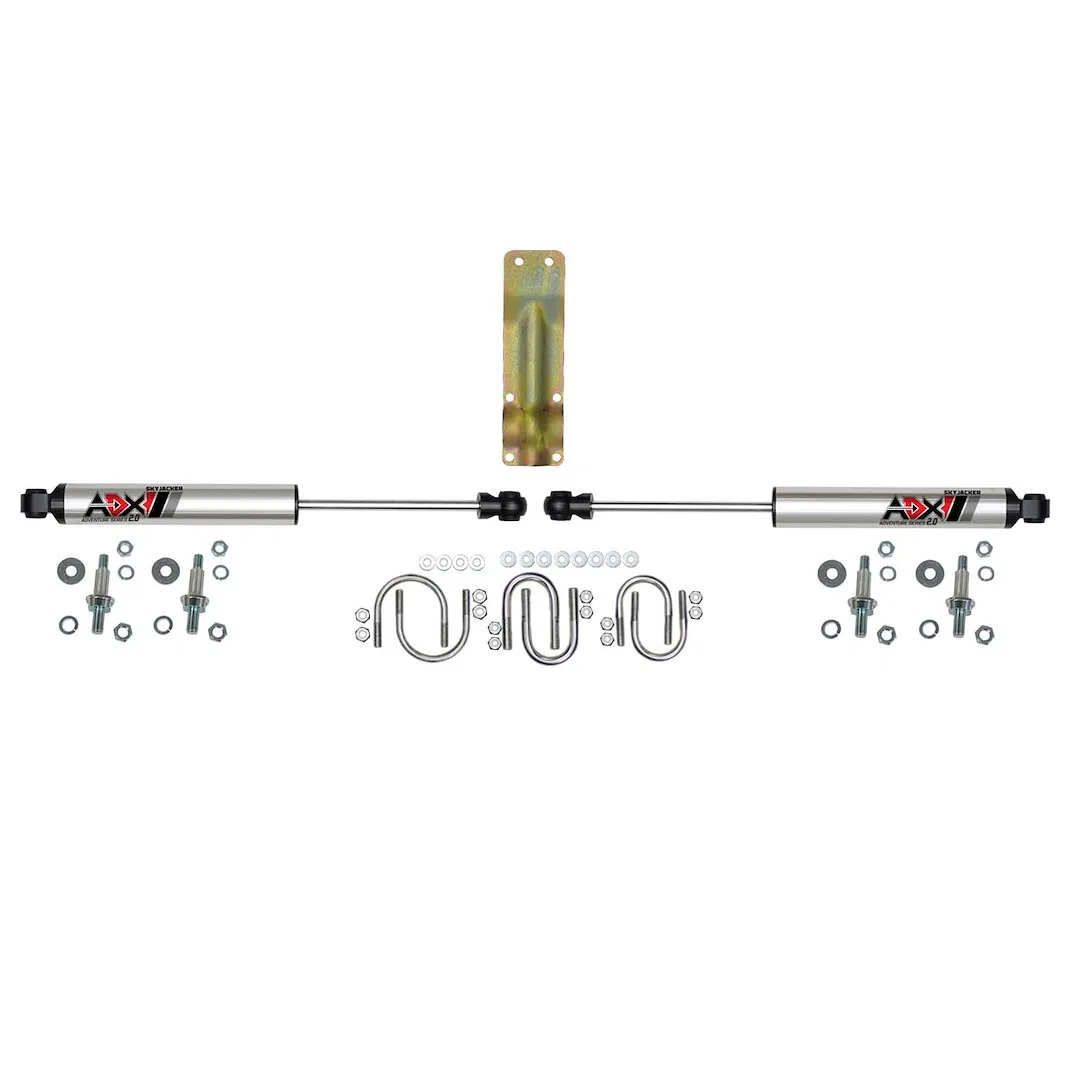 2220 – SKYJACKER Steering Stabilizer, Dual Silver Stabilizers With Mounting Brackets/ Installation Hardware Set Of 2